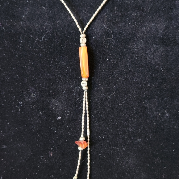 Lariat Sterling Silver Orange Beaded Necklace 14" + 5" Dangle - Picture 2 of 5